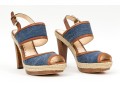 Coach Fun Denim And Brown Leather Platform Wooden Base Sandals, Size 8