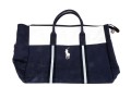Ralph Lauren Large Blue Cotton, White And Brown Leather Top Handle Tote Bag