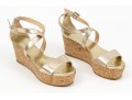Jimmy Choo Gold Metallic Platform Ankle Strap Wedge Sandal, Size 38 Or 38 1/2
