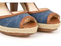 Coach Fun Denim And Brown Leather Platform Wooden Base Sandals, Size 8