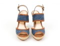 Coach Fun Denim And Brown Leather Platform Wooden Base Sandals, Size 8