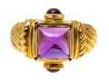 14k Yellow Gold Chunky Sugarloaf Amethyst And Garnet Ribbed Ring, Size 7+