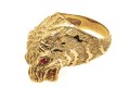 18k Yellow Gold Figural Roaring Tigers Head Ring With Ruby Eyes, Size 7.5