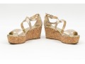 Jimmy Choo Gold Metallic Platform Ankle Strap Wedge Sandal, Size 38 Or 38 1/2