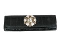 Badgley Mischka Beautiful Vintage Black Leather Baguette Clutch, Bedazzled Top
