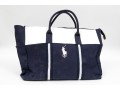 Ralph Lauren Large Blue Cotton, White And Brown Leather Top Handle Tote Bag