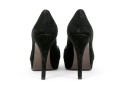 Stuart Weitzman Impactful Black Suede Gathered Peep Toe Platform Stilettos, Size 8 M