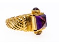 14k Yellow Gold Chunky Sugarloaf Amethyst And Garnet Ribbed Ring, Size 7+