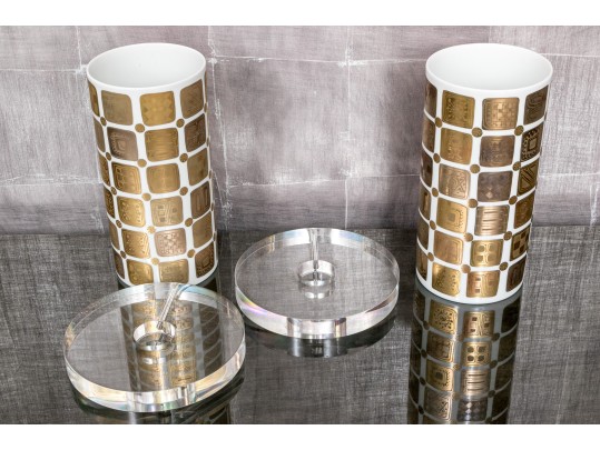 Glamorous Pair Of Bjorn Wiinblad For Rosenthal Studio Line Porcelain Cylindrical Vases, 20th C. 