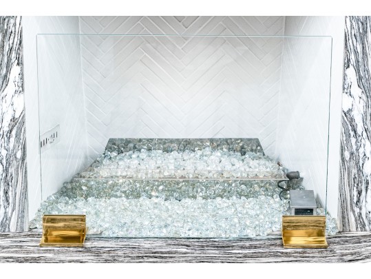 Stylish Minimalistic Brass Footed Glass Fire Screen