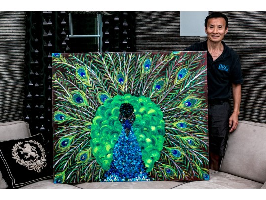 Flashy And Textural Mixed Media On Canvas, Peacock