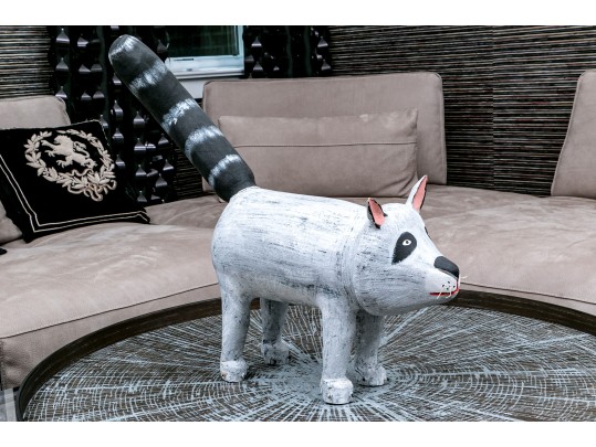 Artisanal, Signed Folk Art Carved And Painted Wood Raccoon