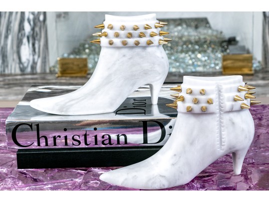 Pair Of Casa Armida By Monica Hdez Marble And Brass Studded Shoe Sculptures