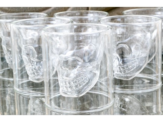 Fabulous Set Of Nine Moulded Glass Skull Tumblers