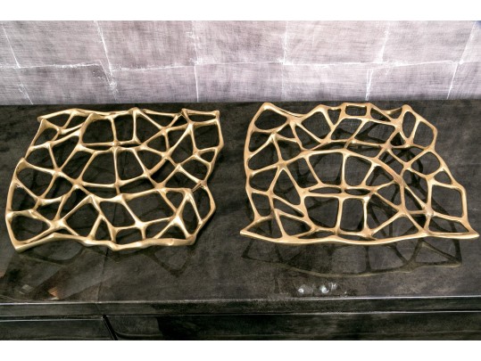 Pair Of Tom Dixon Signed Gold Toned Sculptural Brass Trivets 
