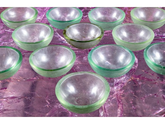 Vintage Set Of 12 Small Green Glass Bowls