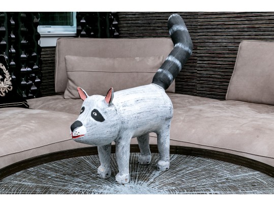 Artisanal, Signed Folk Art Carved And Painted Wood Raccoon