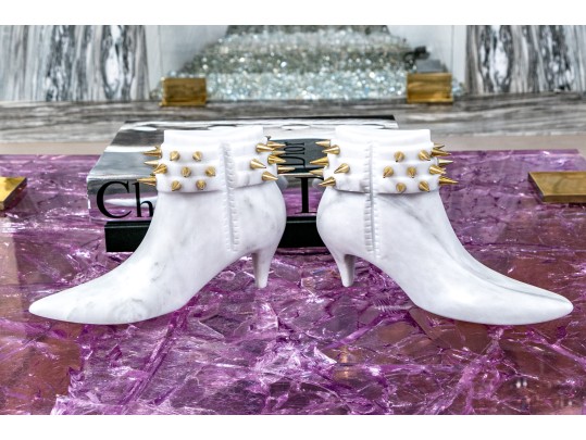 Pair Of Casa Armida By Monica Hdez Marble And Brass Studded Shoe Sculptures
