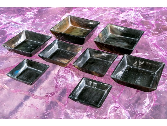 Two Sets Of Four Carved Horn Square Form Nesting Bowls