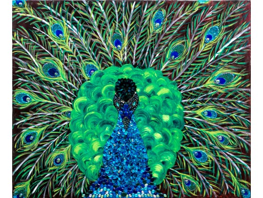 Flashy And Textural Mixed Media On Canvas, Peacock