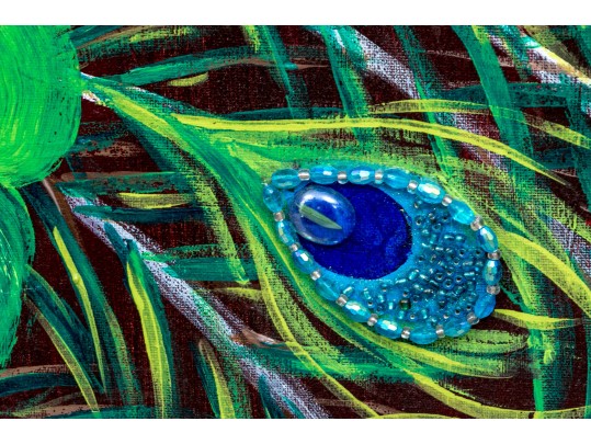 Flashy And Textural Mixed Media On Canvas, Peacock
