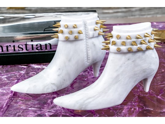 Pair Of Casa Armida By Monica Hdez Marble And Brass Studded Shoe Sculptures