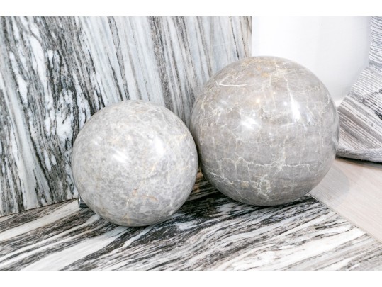 Decorative Set Of Two Carved And Polished Marble Orbs