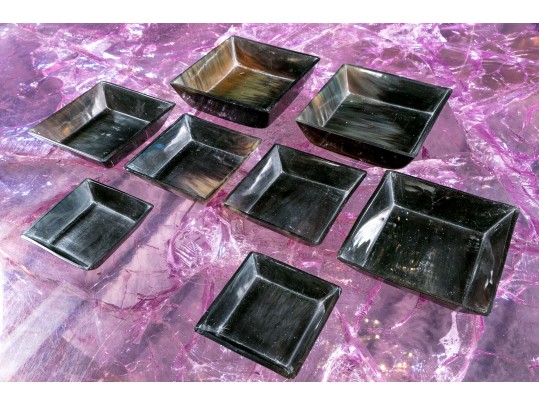 Two Sets Of Four Carved Horn Square Form Nesting Bowls