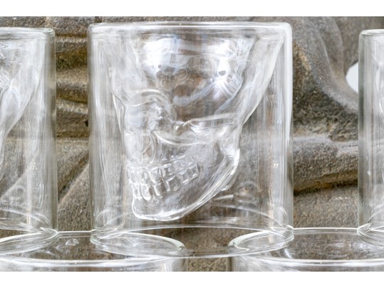 Fabulous Set Of Nine Moulded Glass Skull Tumblers