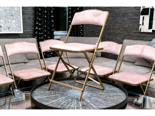 Quality Set Of Six Folding Chairs With Upholstered Seats On Gilt Finished Frames