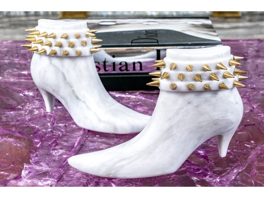 Pair Of Casa Armida By Monica Hdez Marble And Brass Studded Shoe Sculptures
