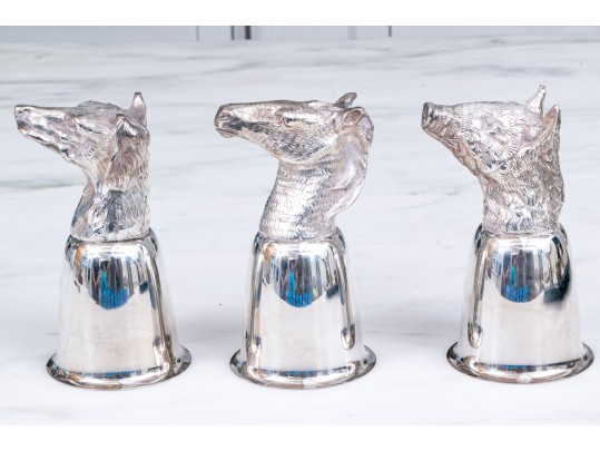 Three Italian Silver-plated Stirrup Cups, Incuding Fox, Boar & Horse 