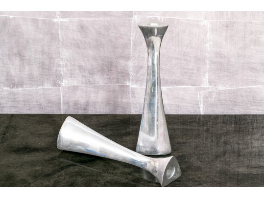 Austere Modern Pair Of Nambe 596 Aluminum Candlesticks