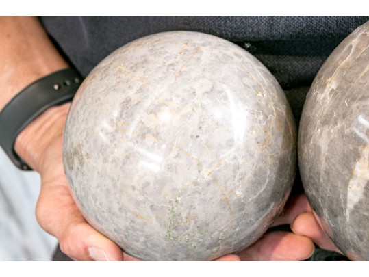 Decorative Set Of Two Carved And Polished Marble Orbs