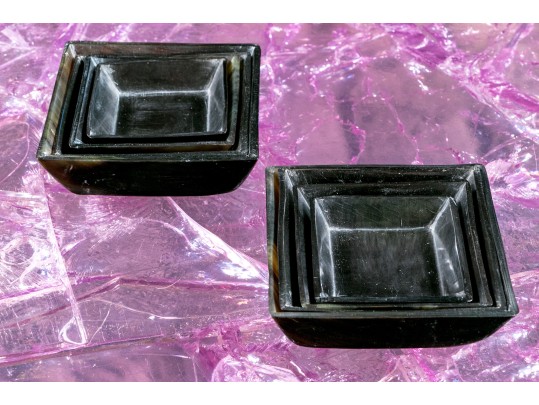 Two Sets Of Four Carved Horn Square Form Nesting Bowls