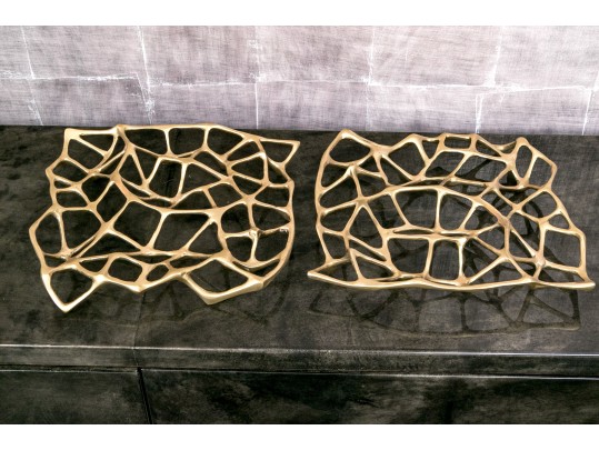 Pair Of Tom Dixon Signed Gold Toned Sculptural Brass Trivets 