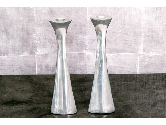Austere Modern Pair Of Nambe 596 Aluminum Candlesticks