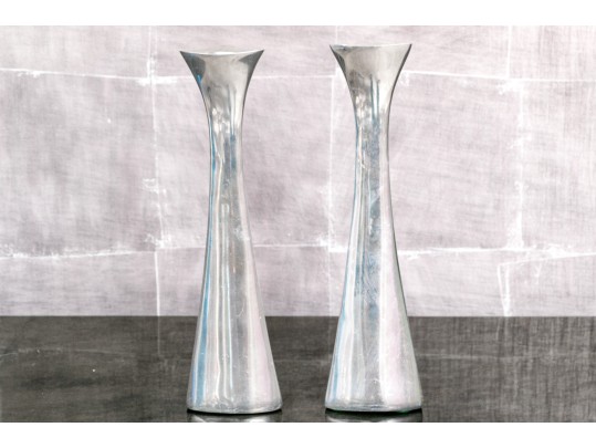 Austere Modern Pair Of Nambe 596 Aluminum Candlesticks