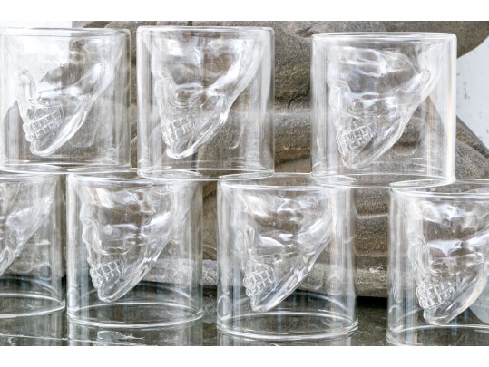 Fabulous Set Of Nine Moulded Glass Skull Tumblers