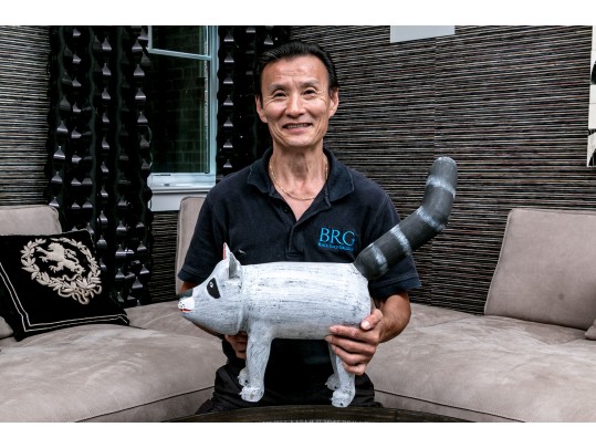 Artisanal, Signed Folk Art Carved And Painted Wood Raccoon