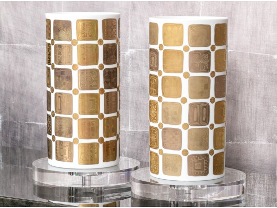 Glamorous Pair Of Bjorn Wiinblad For Rosenthal Studio Line Porcelain Cylindrical Vases, 20th C. 