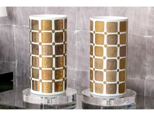 Glamorous Pair Of Bjorn Wiinblad For Rosenthal Studio Line Porcelain Cylindrical Vases, 20th C. 