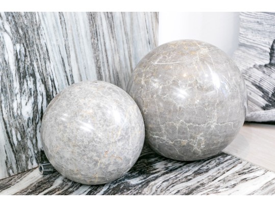 Decorative Set Of Two Carved And Polished Marble Orbs