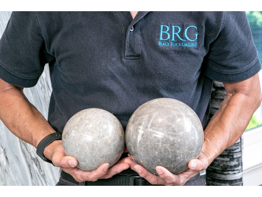 Decorative Set Of Two Carved And Polished Marble Orbs