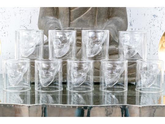 Fabulous Set Of Nine Moulded Glass Skull Tumblers