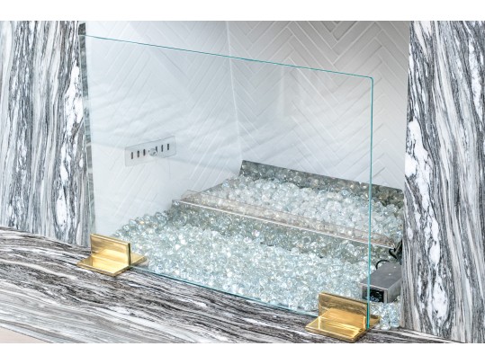 Stylish Minimalistic Brass Footed Glass Fire Screen