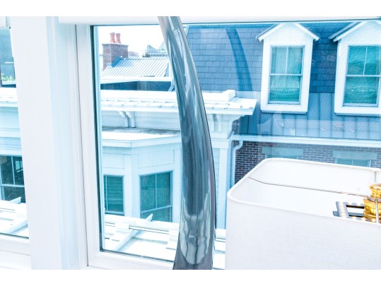 Dramatic Pair Of Jonathan Adler Chrome And Lucite Tusks On Stands