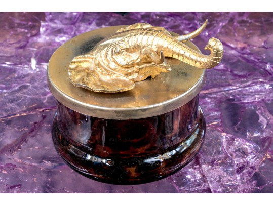 Brass And Faux Tortoise Shell Glass Box With Elephant Head Handle
