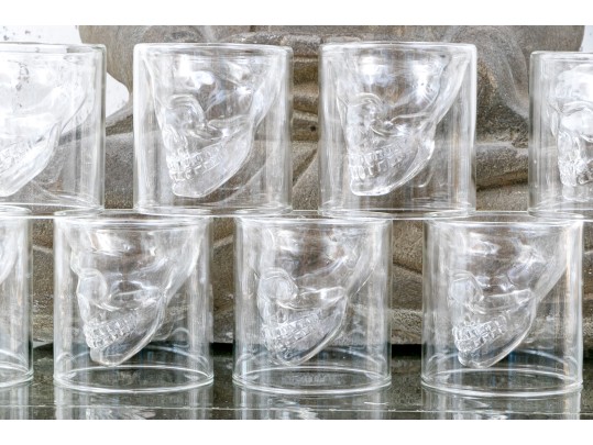 Fabulous Set Of Nine Moulded Glass Skull Tumblers