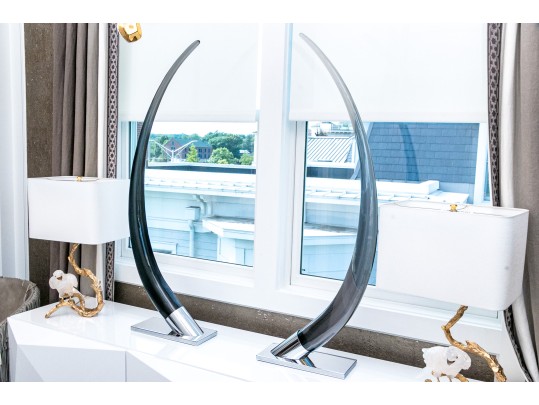 Dramatic Pair Of Jonathan Adler Chrome And Lucite Tusks On Stands